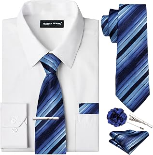 Barry.Wang Men's Solid Color Dress Shirt and Tie Set Business Formal Shirts Wedding Long Sleeve Button Down Casual 6 Pieces