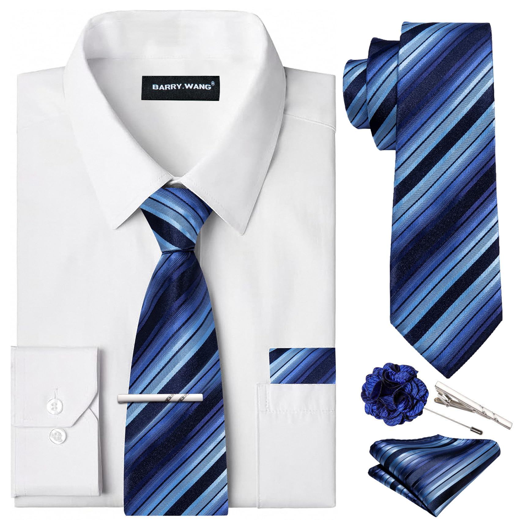 Barry.Wang Men's Solid Color Dress Shirt and Tie Set Business Formal Shirts Wedd