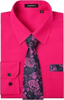 HISDERN Men's Long Sleeve Formal Business Shirts with Tie Dress Set Wedding Casual with Pocket Regular Fit S-4XL