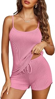Ekouaer Conjunto de pijama para mujer, ropa de dormir suave, pijama de 2 piezas con cuello en U, correa ajustable