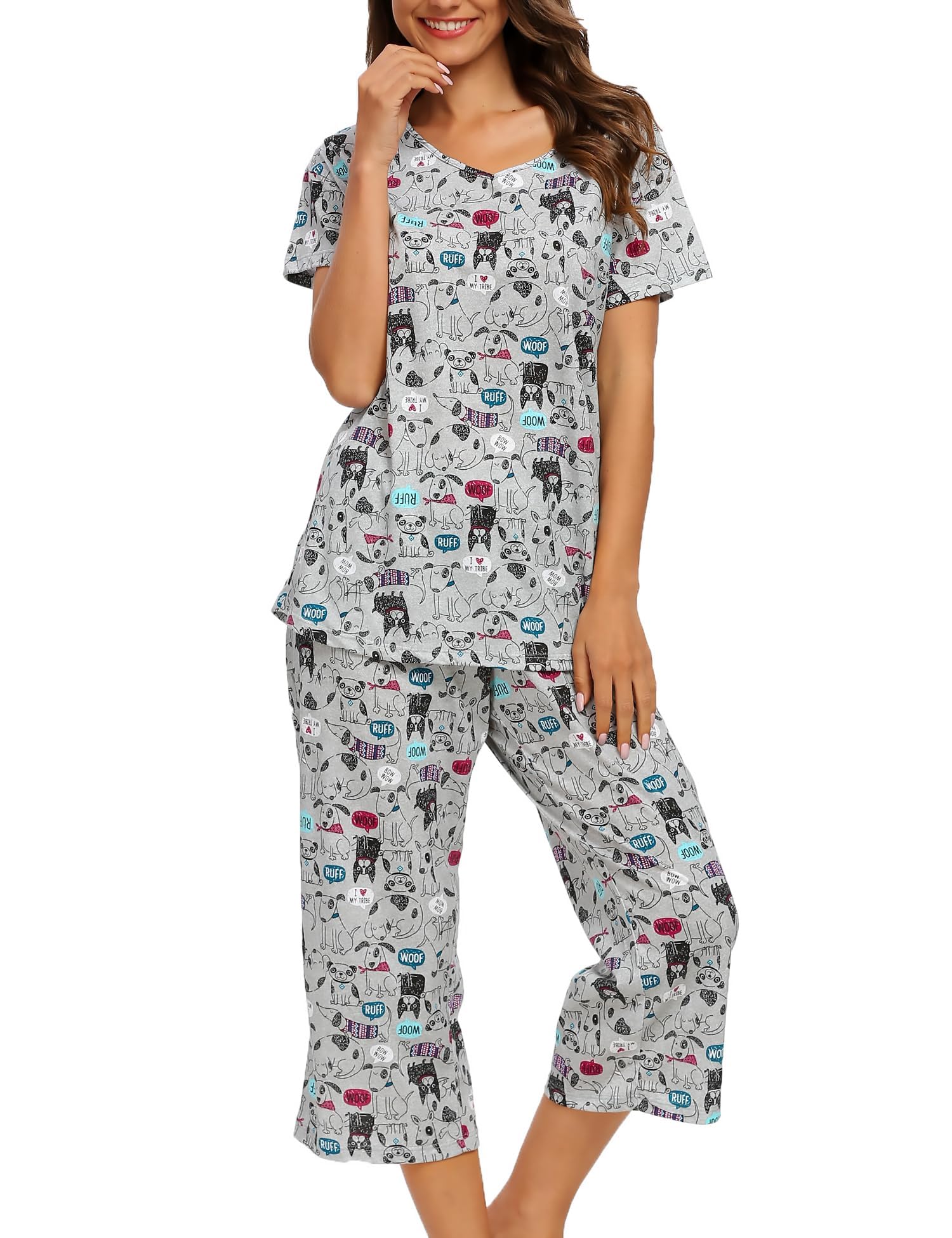 ENJOYNIGHT Women's Short Sleeve Pyjama Set, Cotton Sleepwear