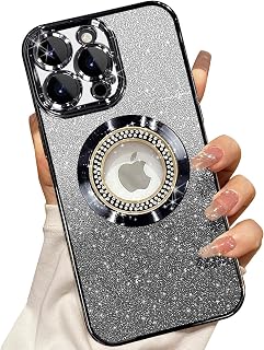Misscase for iPhone 15 Pro Max Magnetic Glitter Case Compatible with MagSafe,Full Protection Slim Shockproof Anti-Scratch Case with Camera Lens Protector Logo View Dust-Proof Net for Women Black