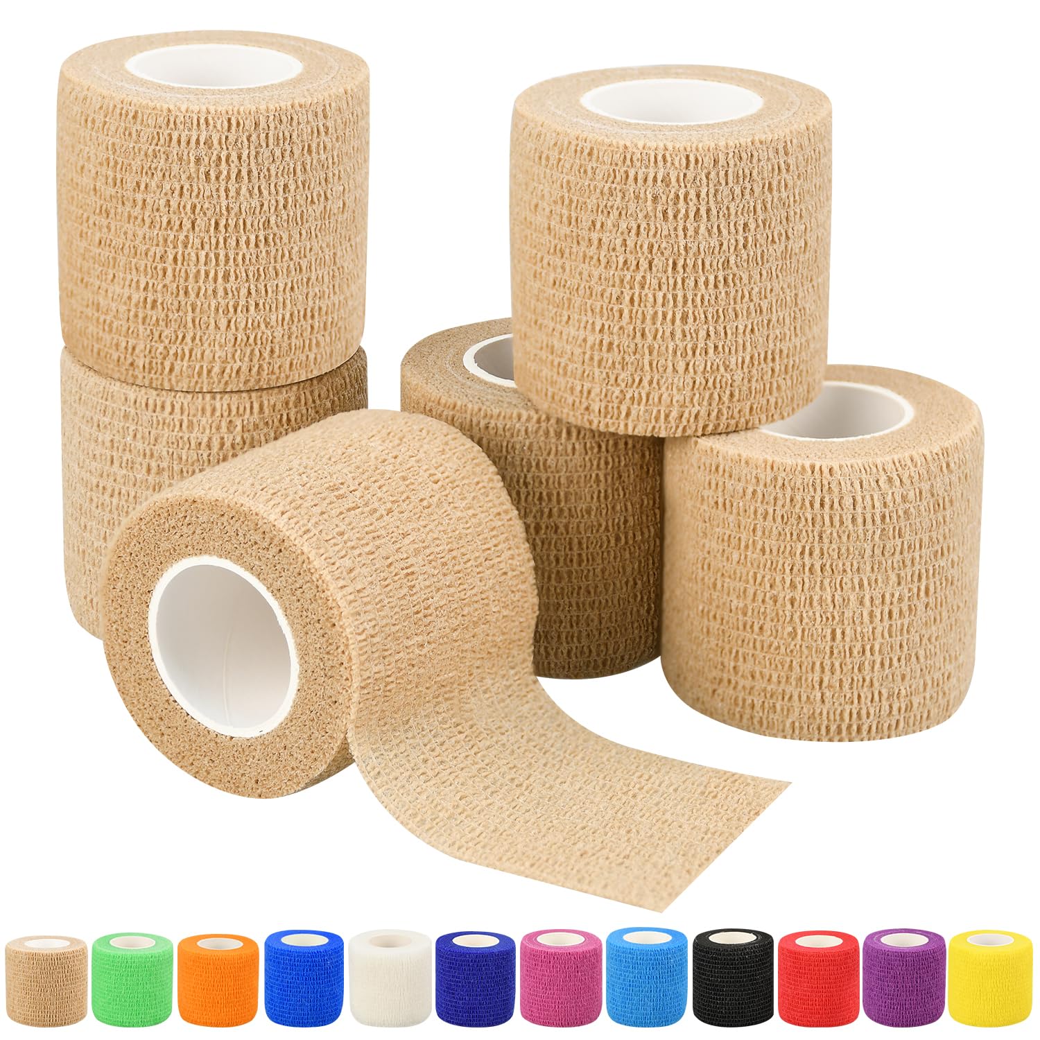 6pcs 2in Self Adhesive Bandage Wraps, 12 Colors, 5 Yard Wraps for Sports