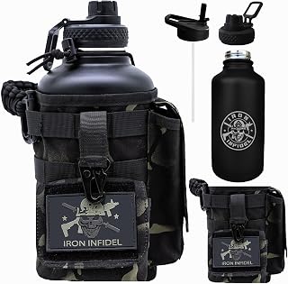 Iron Infidel Battle Bottle - Half Gallon Insulated Water Bottle with Paracord Handle - Large 64 oz Stainless Steel Water Jug & Rugged, Removable Sleeve For Keys, Wallet, Phone (Black Camo 2 Liter)