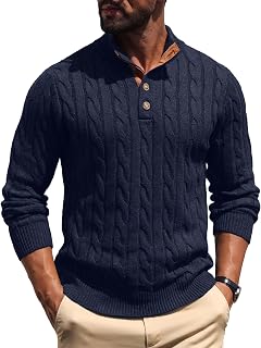 Askdeer Men's Cable Knit Sweater Long Sleeve Stand Collar Casual Vintage Pullover Button Knitted Sweaters