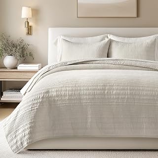 EVERGRACEHOME 100% Cotton Modern Lines Quilt Set King Size, Birch | Pre-Washed Soft Cotton, Striped Coverlet Bedspread, 3 Piece Lightweight Bedding Set for All Season, with 2 Pillow Shams