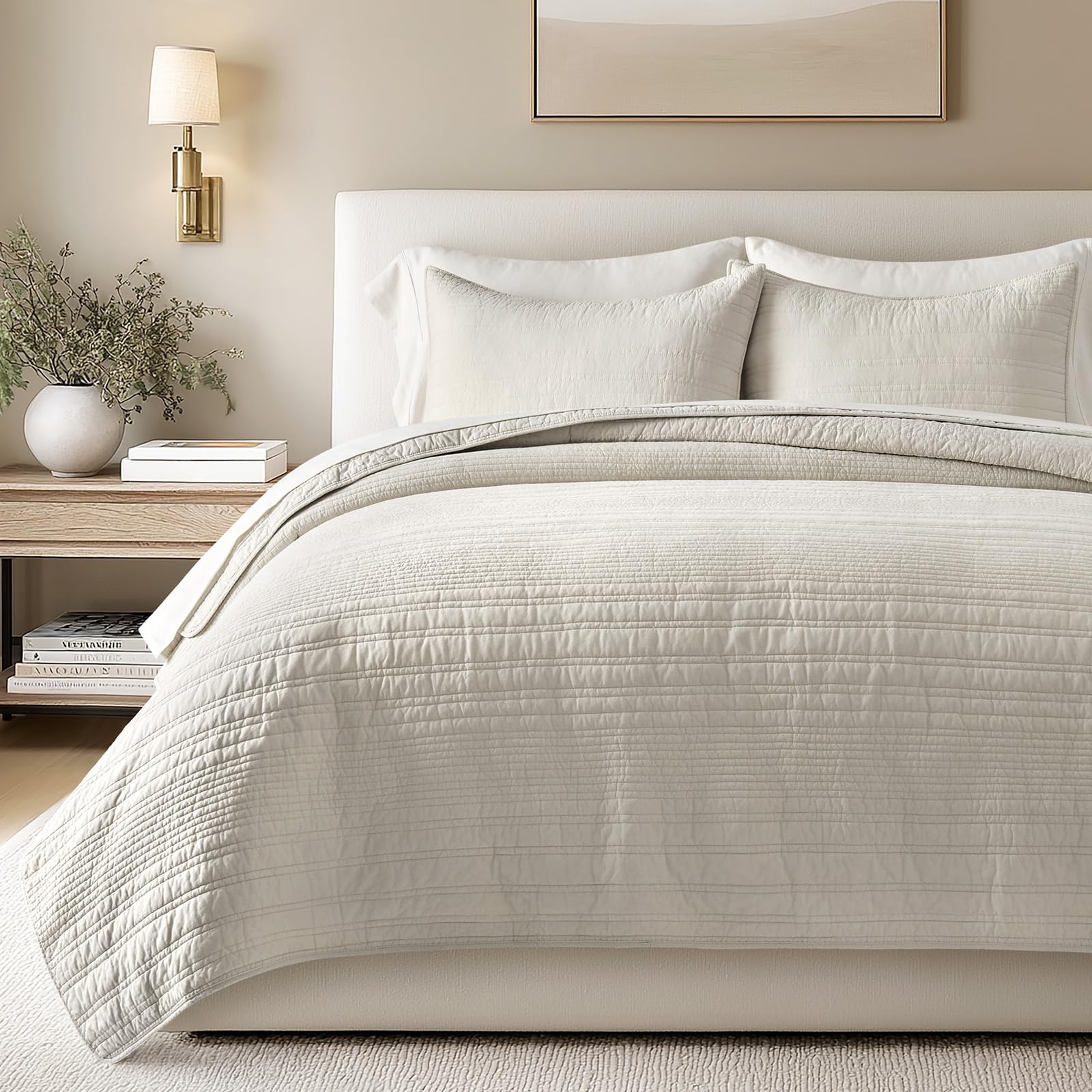 EVERGRACEHOME 100% Cotton Modern Lines Quilt Set King Size, Birch | Pre-Washed S