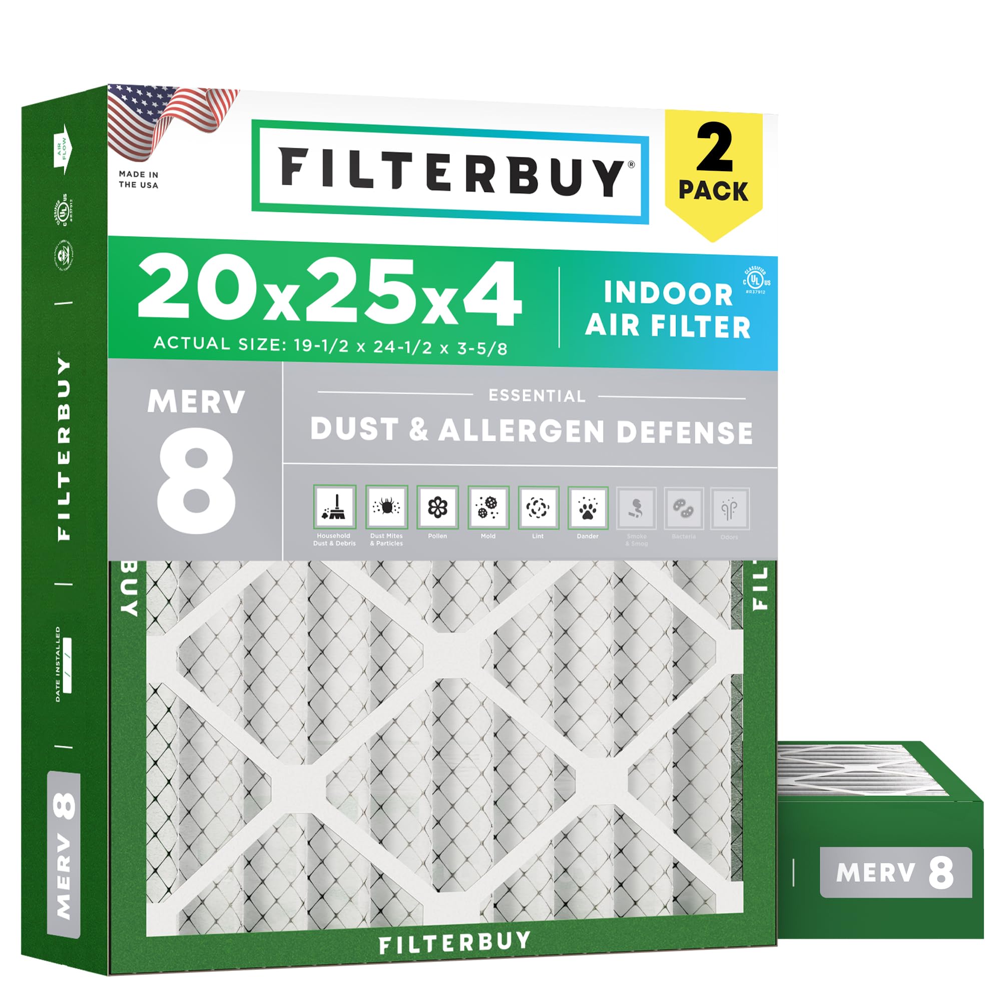 Filterbuy 20x25x4 Air Filter MERV 8 Dust & Allergy Defense (2-Pack) | Electrosta