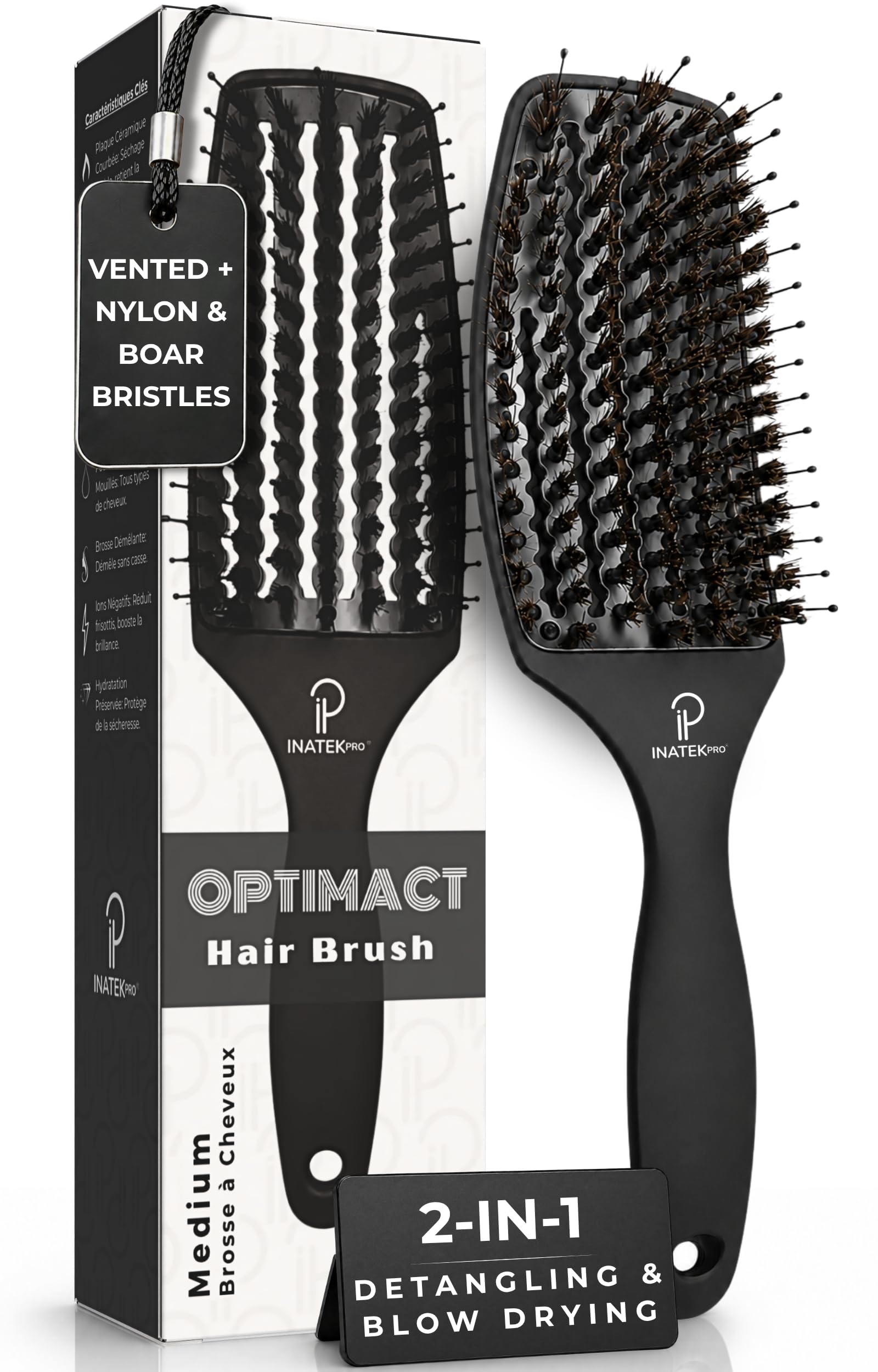 Boar Bristle Hair Brush Women | Curved-Vented Soft Paddle Brush for Thick Hair |