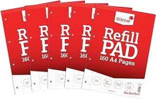 Silvine 160 Page A4 Refill Pad, Head Bound and Punched 4 Holes. Ruled 8mm Feint with Margin [Pack of 5], White