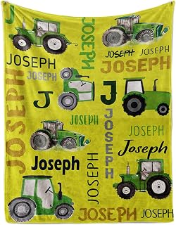 Personalized Tractors Blanket - Custom Name with Farm Tractor Trucks Design - Soft Plush Minky Flannel Bed Blanket for Baby Kid Teen Boys Girls Customized Gifts Yellow