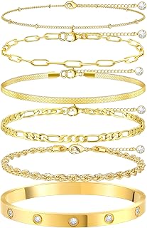 MOINSPIRE Bracelets for Women Non Tarnish, Dainty 18K Gold Plated Bracelets Stack Trendy Waterproof Stackable Bangles, Cuban Link Paperclip Chain Jewelry Set Fashion Accessories Gifts for Women
