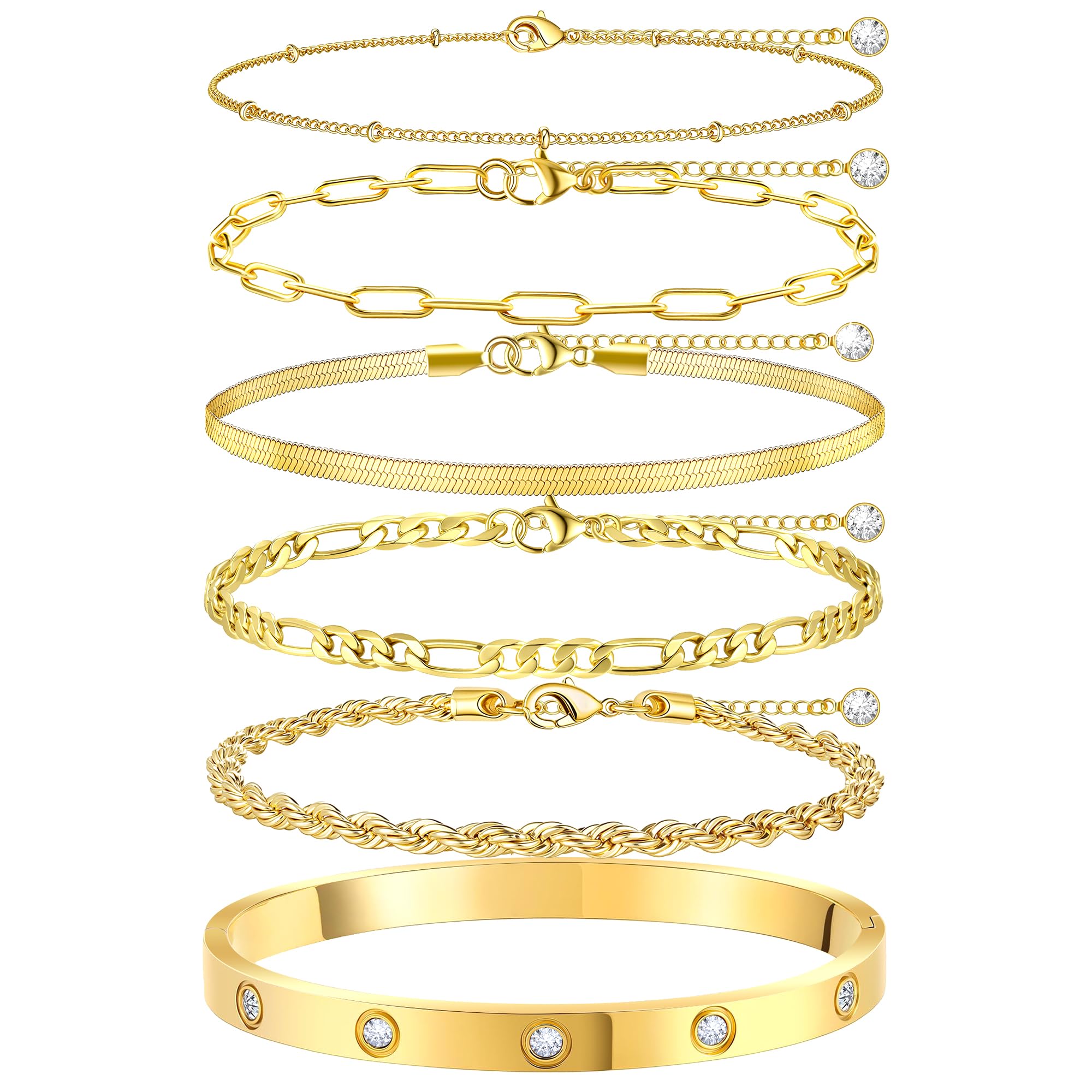 MOINSPIRE Bracelets for Women Non Tarnish, Dainty 18K Gold Plated Bracelets Stac