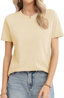 QUALFORT レディース 綿100% 半袖Tシャツ、クルーネックベーシックTシャツ