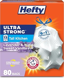 Hefty Ultra Strong 13 Gal Kitchen Trash Bags, White, Lavender Vanilla, 80ct | 13G Tall White Trash Bags with Drawstrings for Kitchen and Home Use, Resists Leaks, Punctures, Rips, Continuous Odor Control