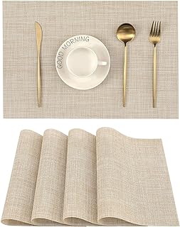 Leetaltree Beige Placemats Set of 4 - Heat-Resistant, Non-Slip Table Mats, Washable Woven Vinyl for Indoor & Outdoor Dining