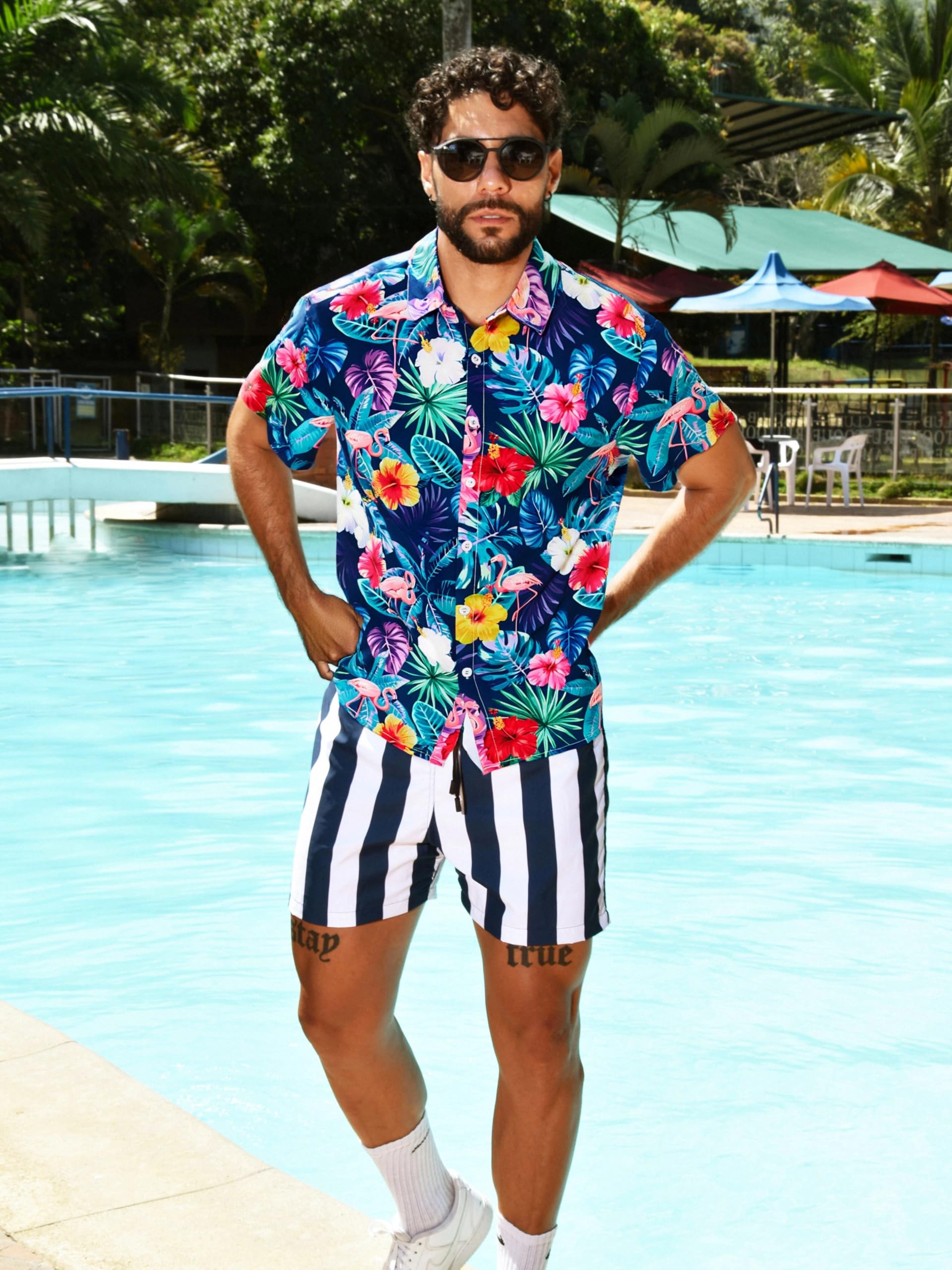Mens Short Sleeve Printed Casual Button Down Beach Vacation Shirt