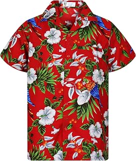 V.H.O. Funky Hawaiian Shirt Men's Short Sleeve Front Pocket Standard Fit Summer Shirt Cherry Blossom Parrots
