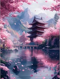 Miwixy Spring Sakura Diamond Art Kits for Adults,Landscape Diamond Painting Kits,5D Full Drill Dots Round Gem Art,Pink Cherry Blossom Diamond Art Canvas for Beginners Home Wall Decor 12 x 16 Inch