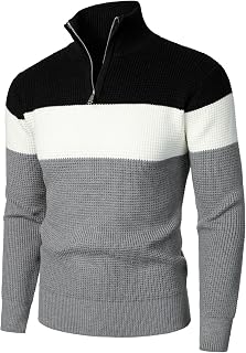 HOOD CREW Men’s Contrast Color Patchwork Jumper 1/4 Zip Knitted Sweater Long Sleeve Tops