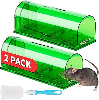 LULUCATCH Humane Mouse Traps 2 Pack, Live Mouse Traps, Easy to Set and Reusable with Cleaning Brush, Catch and Release Indoor Outdoor Mouse Catcher, Pet and Family Safe, Green