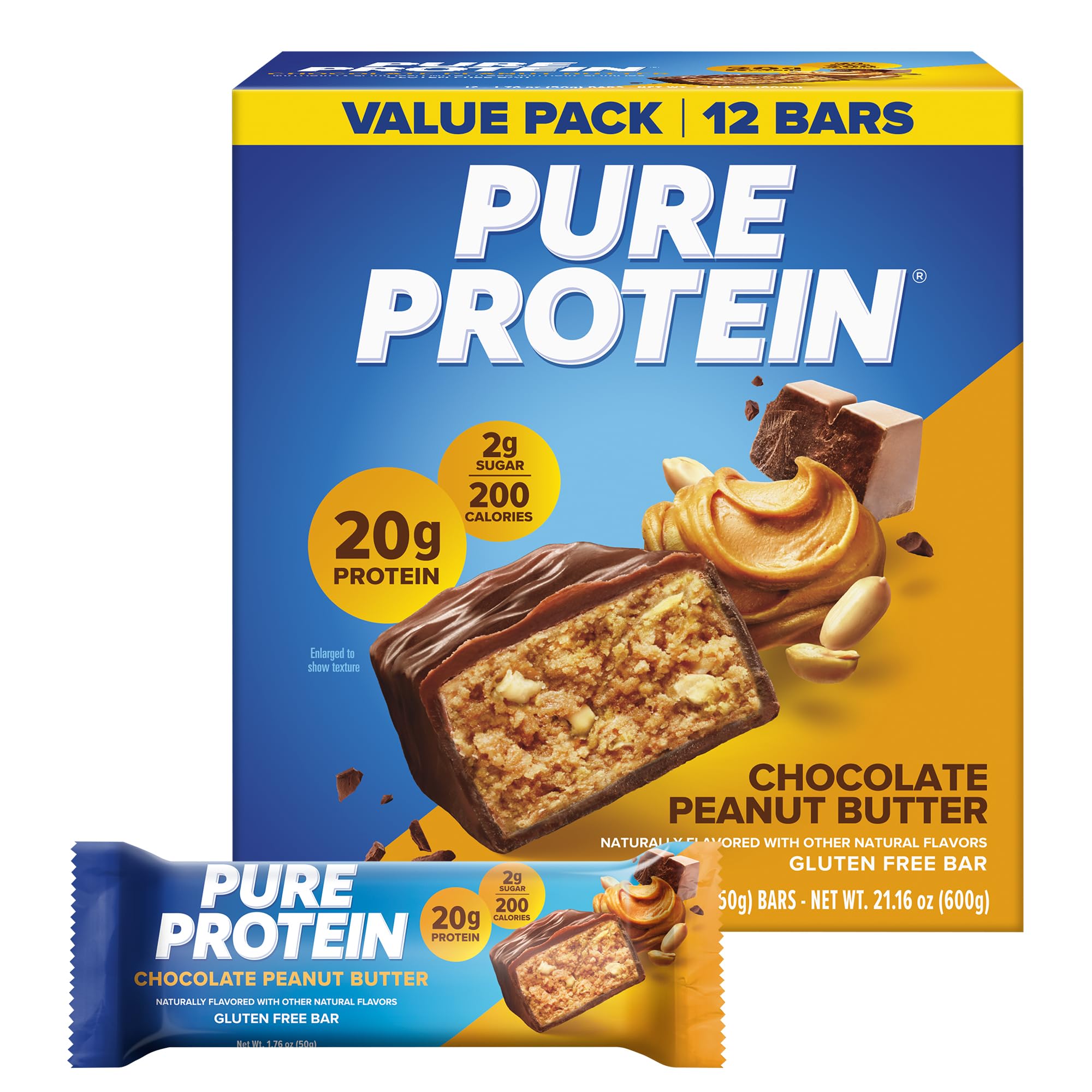 Pure Protein Chocolate Peanut Butter Protein Bars, 20g Protein, 12 Ct | 3g Sugar