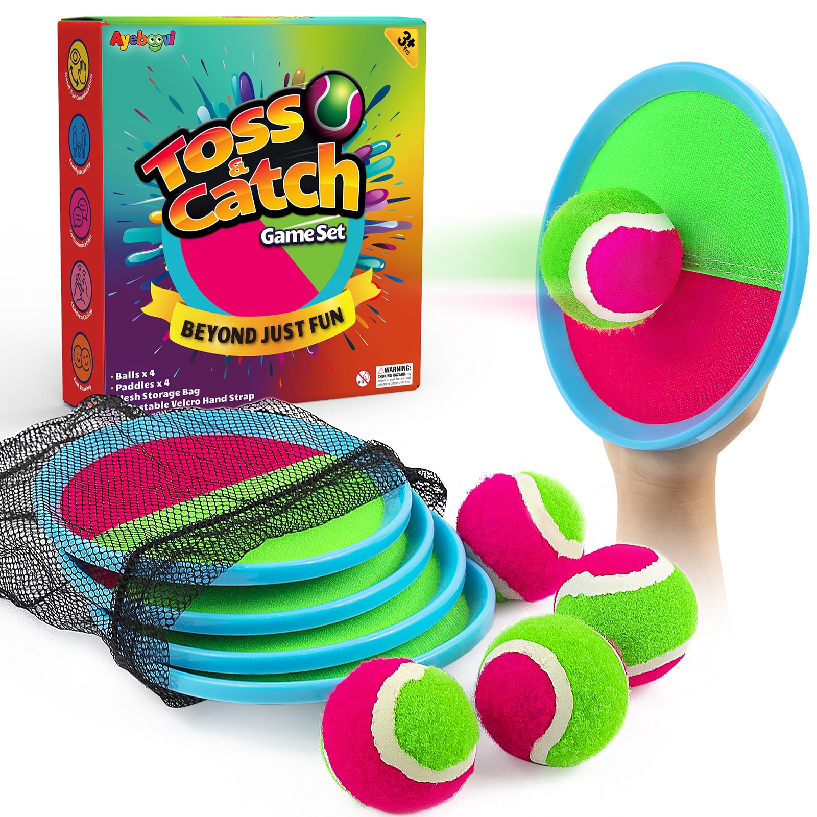 Ayeboovi Upgraded Toss and Catch Ball Game for Kids 4 Paddles and 4 Balls | Wate