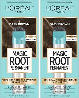 L'Oreal Paris Magic Root Permanent Hair Color Kit, 100% Gray Hair Coverage In Just 10 Minutes, Precision Brush Applicator for Seamless Application, 4 Dark Brown (2 Count)