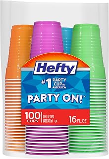 Hefty Party On Disposable Plastic Cups, Assorted, 16 Ounce, 100 Count | Bulk Pack, Disposable Plastic Cups for Parties, 4 Fun Colors, Easy-to-Grip Design, Ideal for Large Tailgates, BBQs, Birthdays