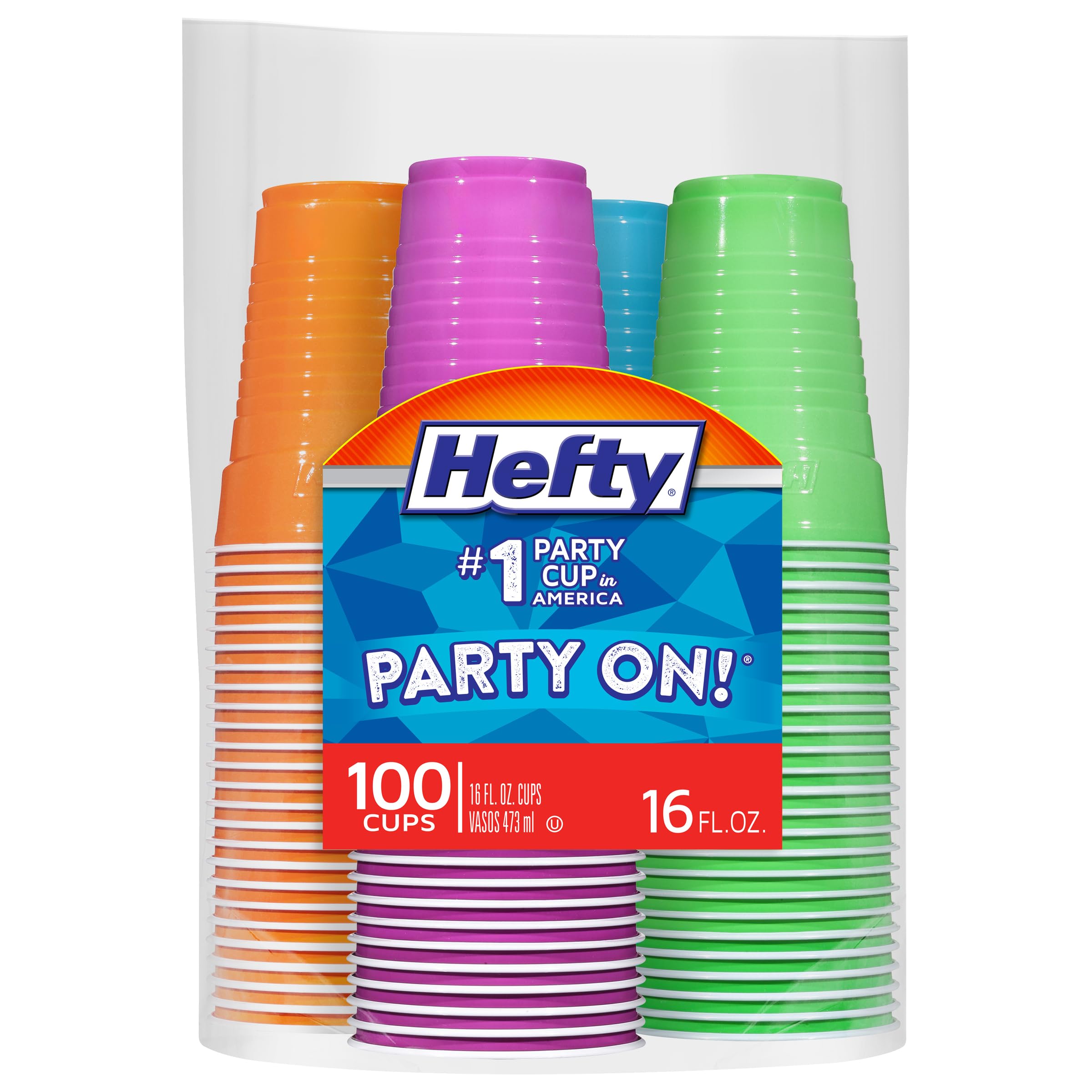 Hefty Party On Disposable Plastic Cups, Assorted, 16 Ounce, 100 Count | Bulk Pac