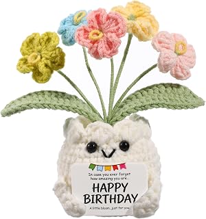 YOOJEE Crochet Forget Me Not Flower Pot Birthday Gifts for Women | Happy Birthday Message Card, Cute Colorful Handmade Keepsake, Gift for Her, Mom, Best Friend, Sister, Coworker, 4.7 × 2.4 In