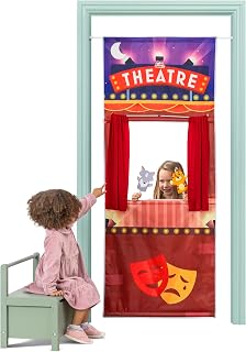 Toyrific Pop-Up Play Town Puppet Theatre Hanging Doorway, Kids Role Play Toys with Curtain and Tension Rod, Puppet Show for Kids 3-7