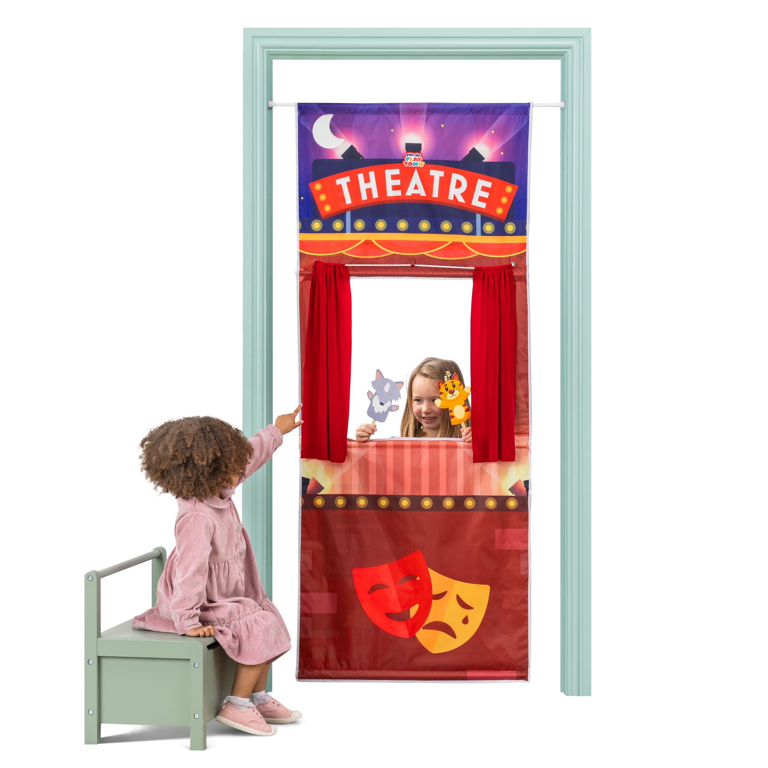 Toyrific Pop-Up Play Town Puppet Theatre Hanging Doorway, Kids Role Play Toys wi