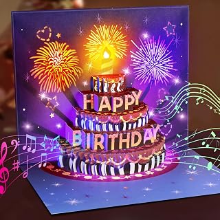 INPHER UPGRADED Birthday Cards Fireworks Pop Up Cake Light and Music Happy Birthday Gifts Decorations for Women, Men, Mom, Grandma