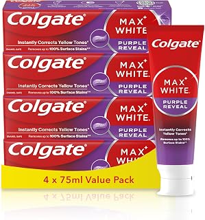 Colgate Max White Purple Reveal Toothpaste, 75ml (4 Pack) | It contains optic colour-correcting technology to correct yellow tones & is safe for your enamel. *Effect is temporary.