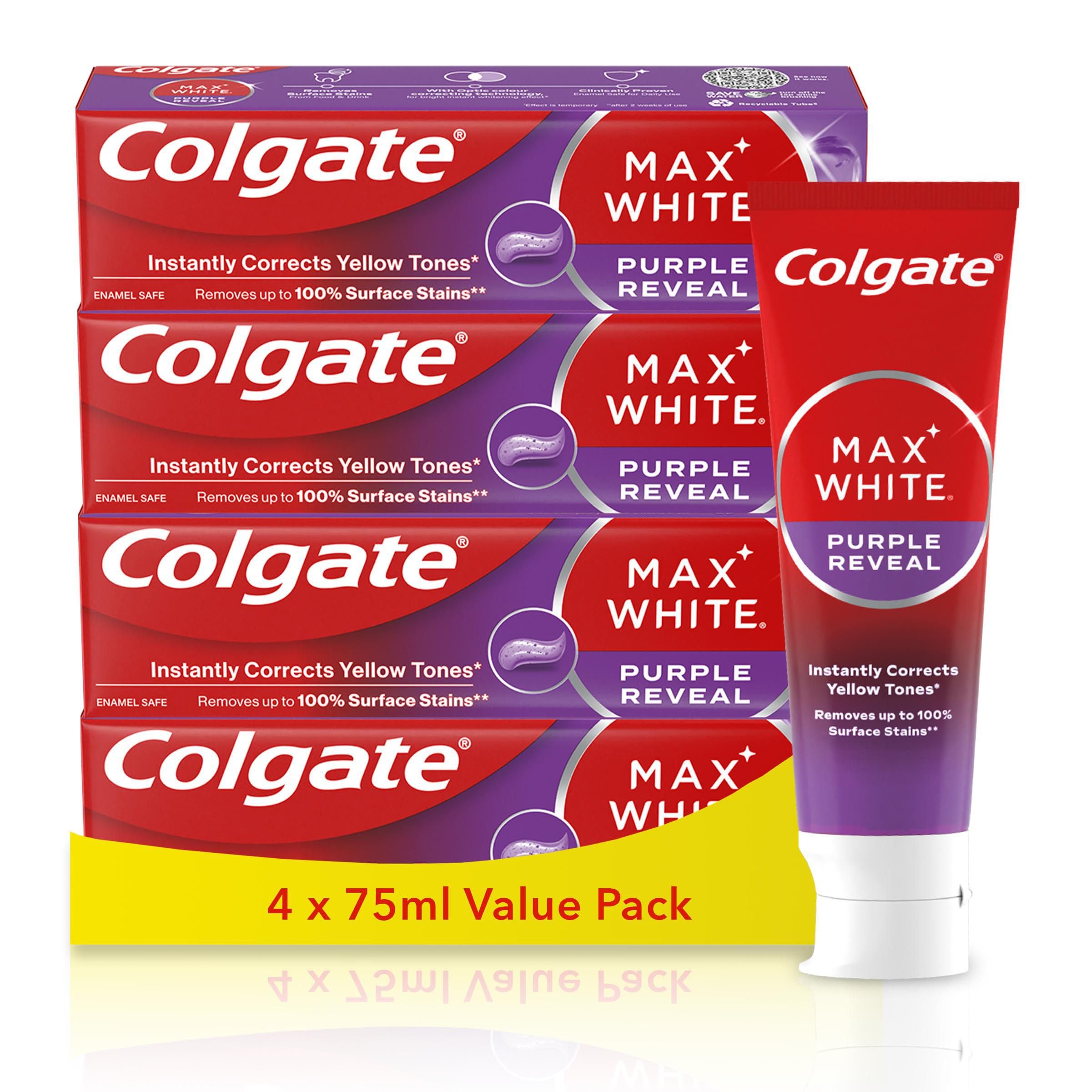 Colgate Max White Purple Reveal Toothpaste, 75ml (4 Pack) | It contains optic co