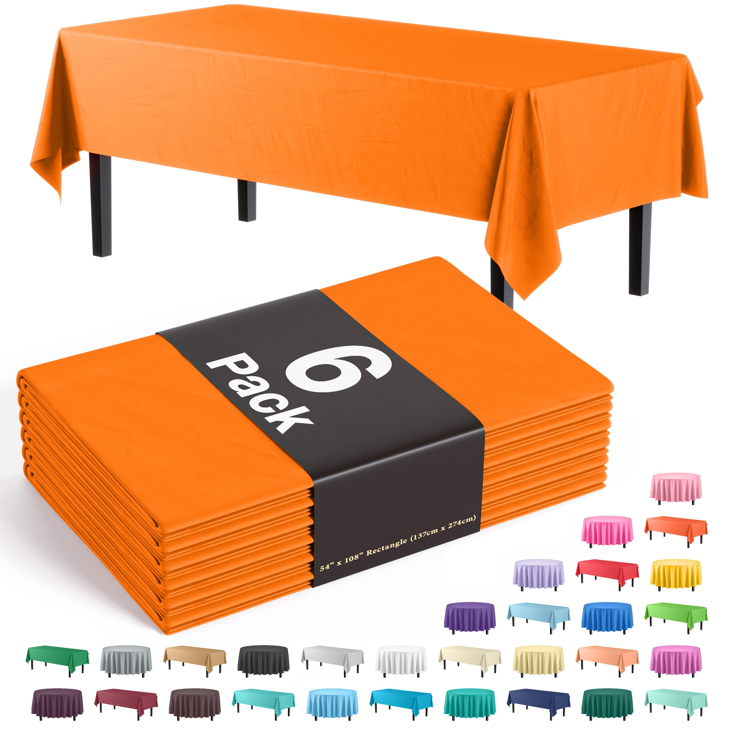 Exquisite Orange Plastic Table Cloth Disposable 6 Pack - 54 x 108 Inch Rectangle