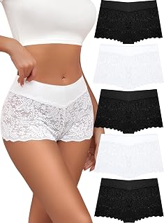 ALL OF SHE Lace Boy Shorts Sexy Cheeky Panties Breathable Womens Underwear Stretch Cotton Waistband Underwear Women 5 Pack