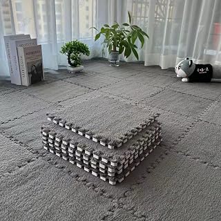 Interlocking Carpet Shaggy Soft EVA Foam Mats, Grey, 12 Pcs | Fluffy Square, Thickened Plush Tiles, Protective Floor Tiles, Exercise Play Mat, For Children Kids Room Home Parlor Bedroom