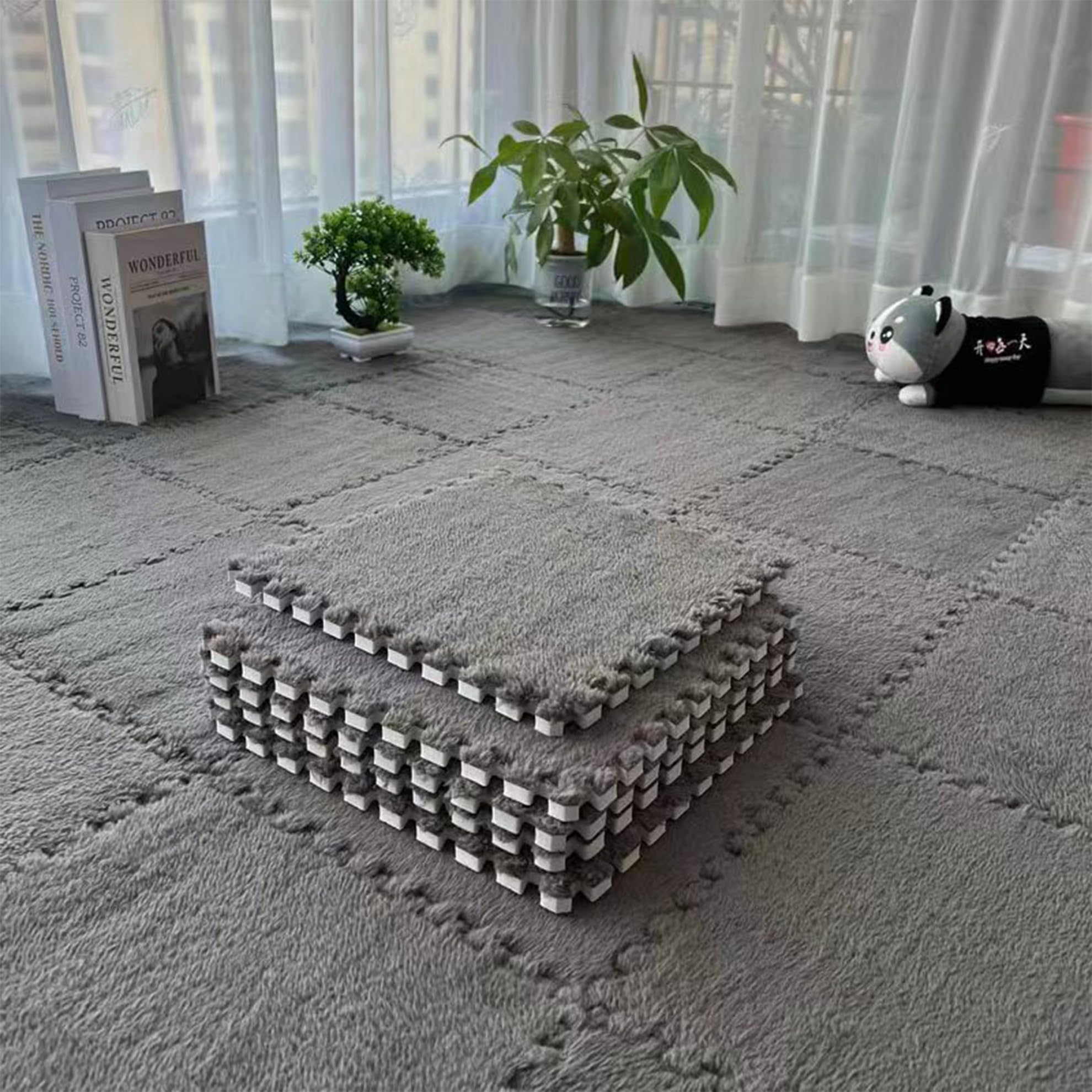 Interlocking Carpet Shaggy Soft EVA Foam Mats, Grey, 12 Pcs | Fluffy Square, Thi