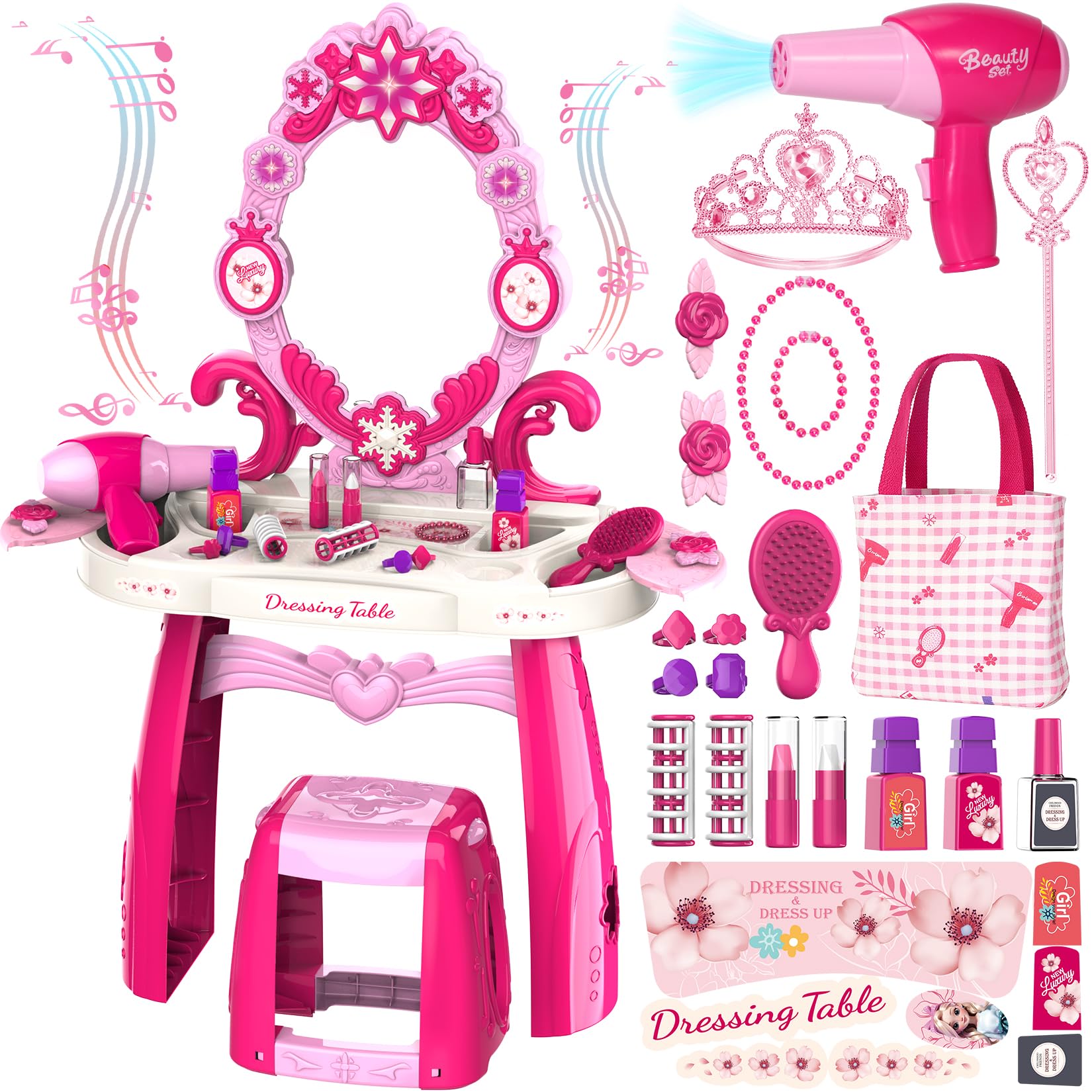 Toddler Vanity Kids Vanity Table and Chair Set, Girls Makeup Table with Mirror L