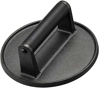 HULISEN Cast Iron Burger Press, 16CM/6.5" Heavy Duty Smashed Burger Smasher | Pre-Seasoned Cast Iron, Wooden Grip Handle, 950g/2.1Lb Weight, Works on Griddles, Presses Hamburger Bacon Meat Vegetables