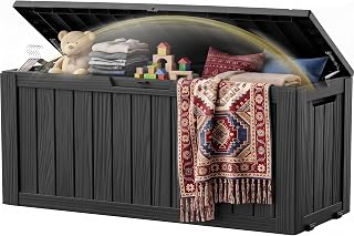 EFU Outdoor Storage Box, 150 Gal Gen 2 Resin Deck Box w/Gas Struts & Wheels | UV Protected & Waterproof Large Outside Storage Cabinet, Ideal For Toy, Garden Storage & Patio Package Delivery