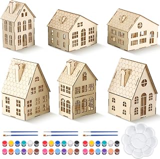 Thyle 6 Set DIY Christmas Wooden Village House Paint Craft,Minimalist