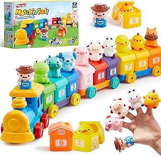 Play-Act Montessori Toys for Toddlers, Farm Animal Train Toy for Boys Girls | Train Set for Counting Stacking Matching Sorting with 9 Animal Figures & 1 Farmer, Toddler Toys for 1 2 3 Year Old Kids Gifts