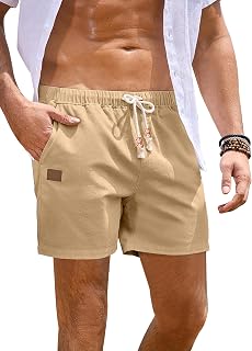 JMIERR Mens 5"/7" Cotton Linen Lightweight Drawstring Casual Beach Shorts
