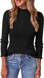 BTFBM Womens Fall Sweaters Trendy Lightweight Ruffle Mock Neck Tops