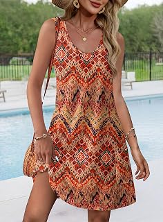 2025 Summer Sleeveless V Neck Dresses with Pockets Beach Wear Vacation Wear Floral Solid
