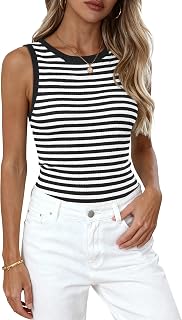 PRETTYGARDEN Summer High Neck Striped Tank Tops for Women Casual Sleeveless Sweaters Basic Ribbed Knit Slim Fitted Shirts