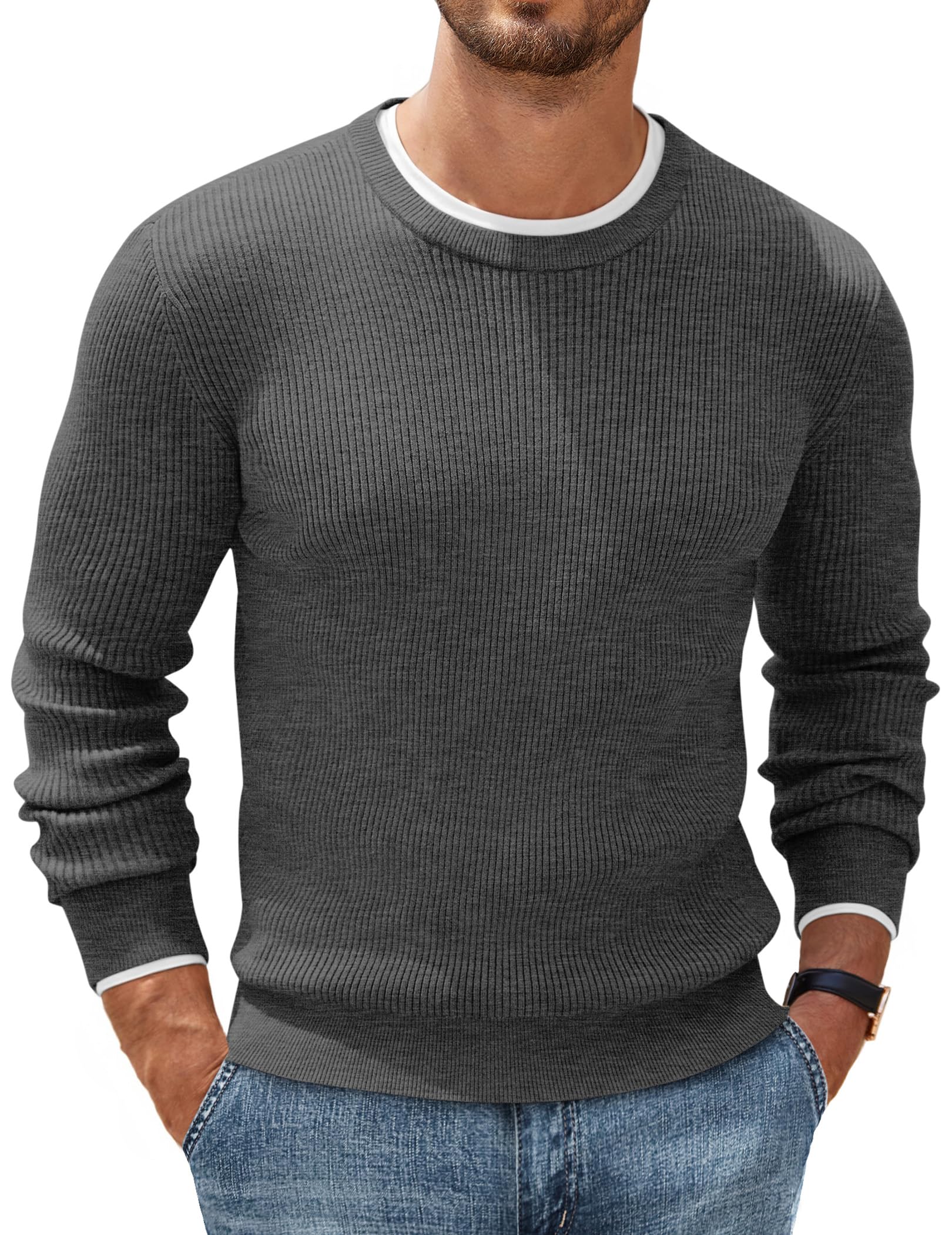 COOFANDY - Men's pullover sweater, crew neck, basic knit, long sleeve, stylish a